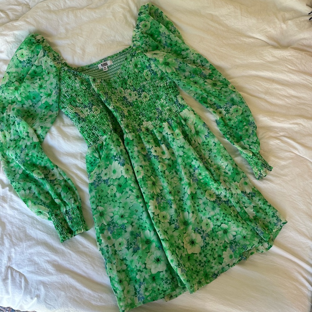 BB Dakota Green Floral Smocked Puff-Sleeve Dress